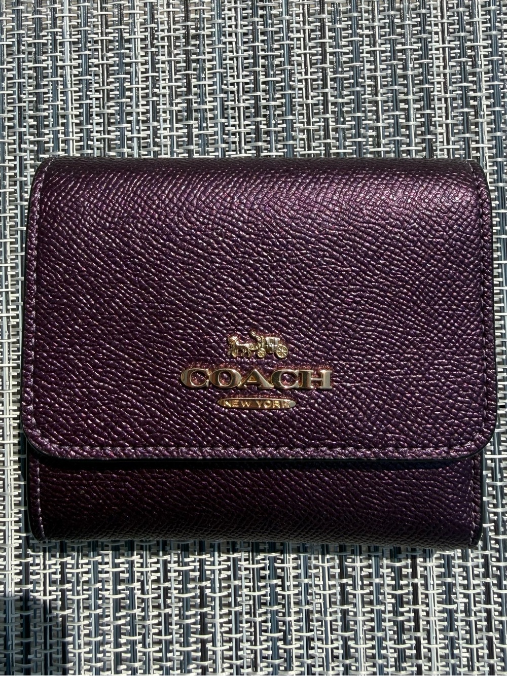 Coach metallic purple trifold button wallet